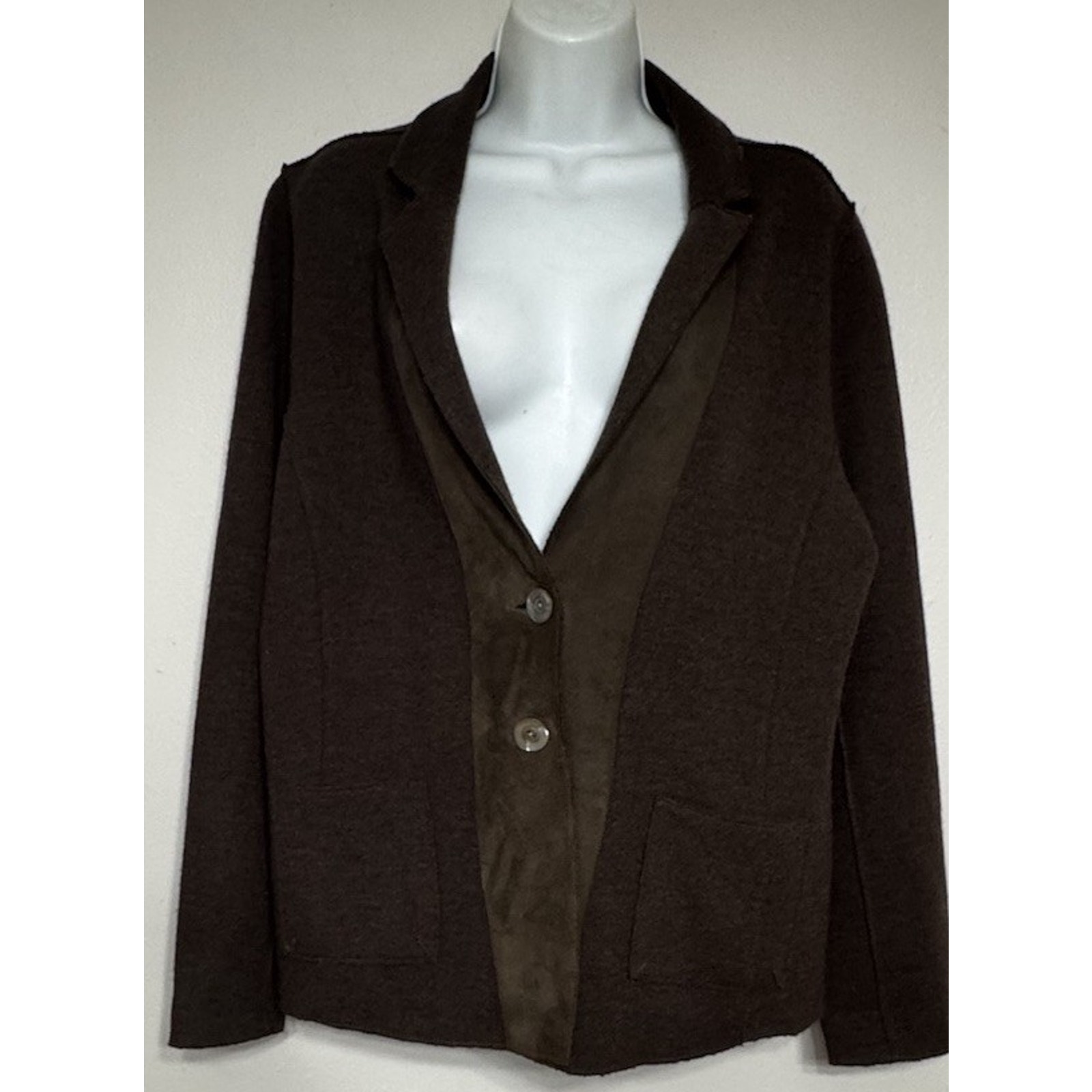 Eileen Fisher Merino Wool Lamb Leather Sweater Blazer Jacket Women’s Large Brown
